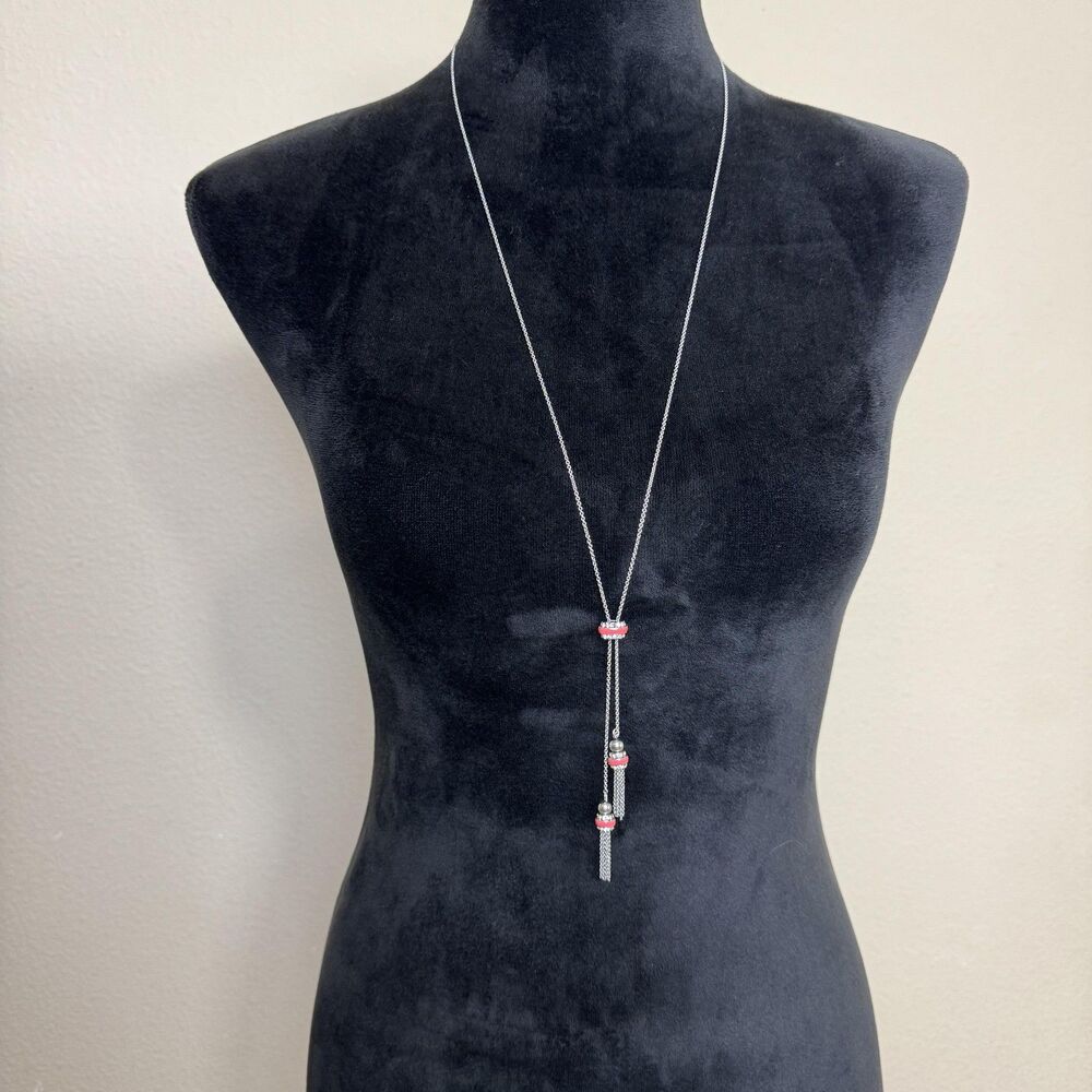 Ann Taylor Factory Necklace Silver Coral Rhinestone Tassel Y-Drop Womens 22"